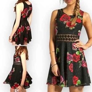 Free People Daisy Waist Rose Fit N Flare Black Mini Dress